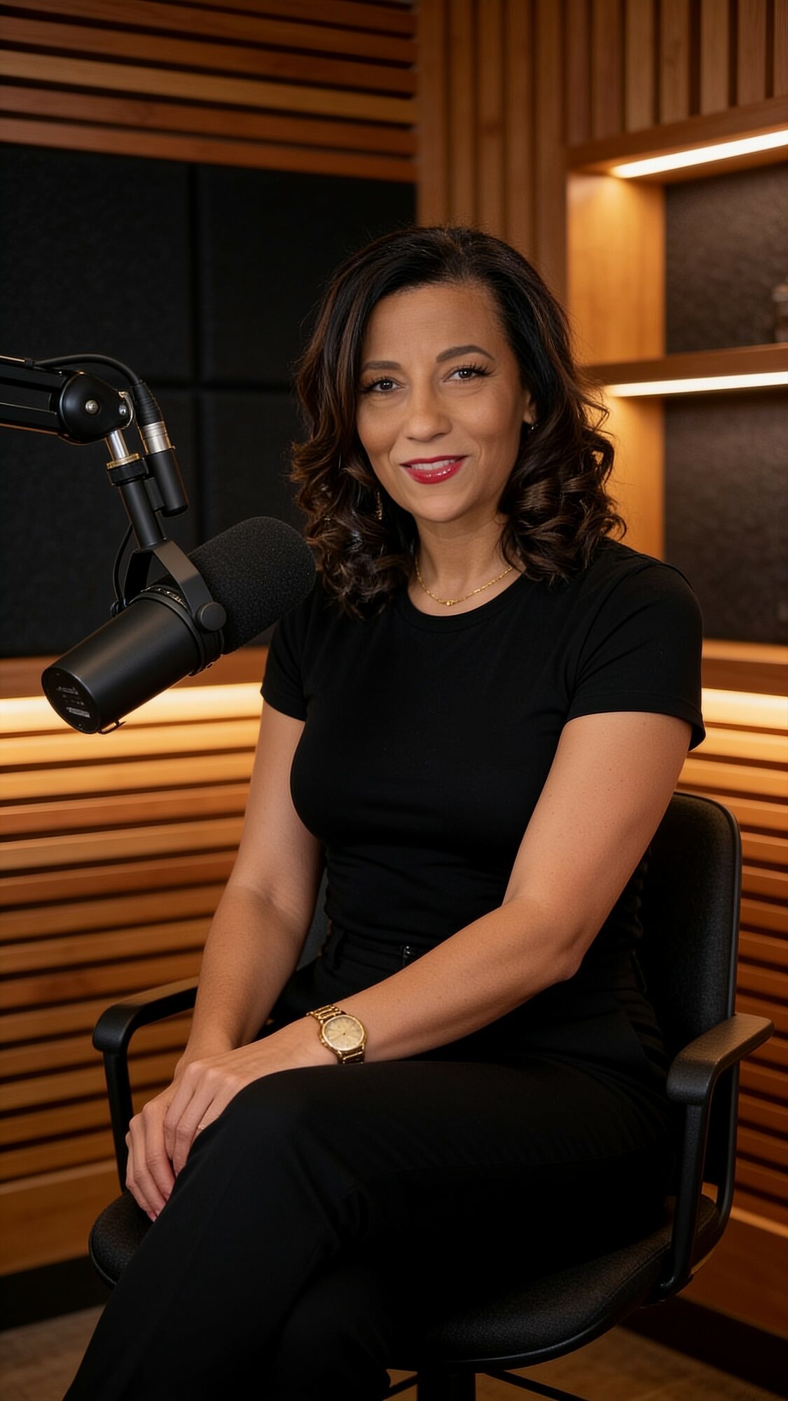 Woman with dark curly hair sitting in a recording studio, smiling, wearing a black top and watch.