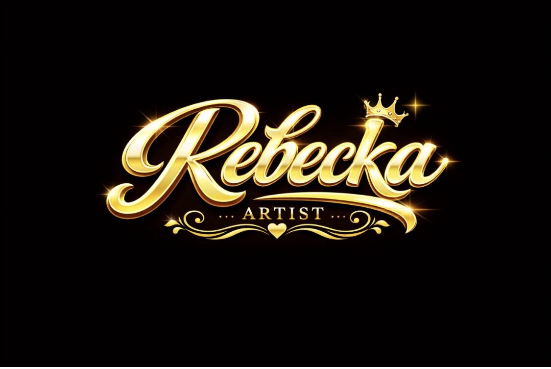 Gold and white text reads 'Rebecka Artist' with a crown and decorative elements on a black background.