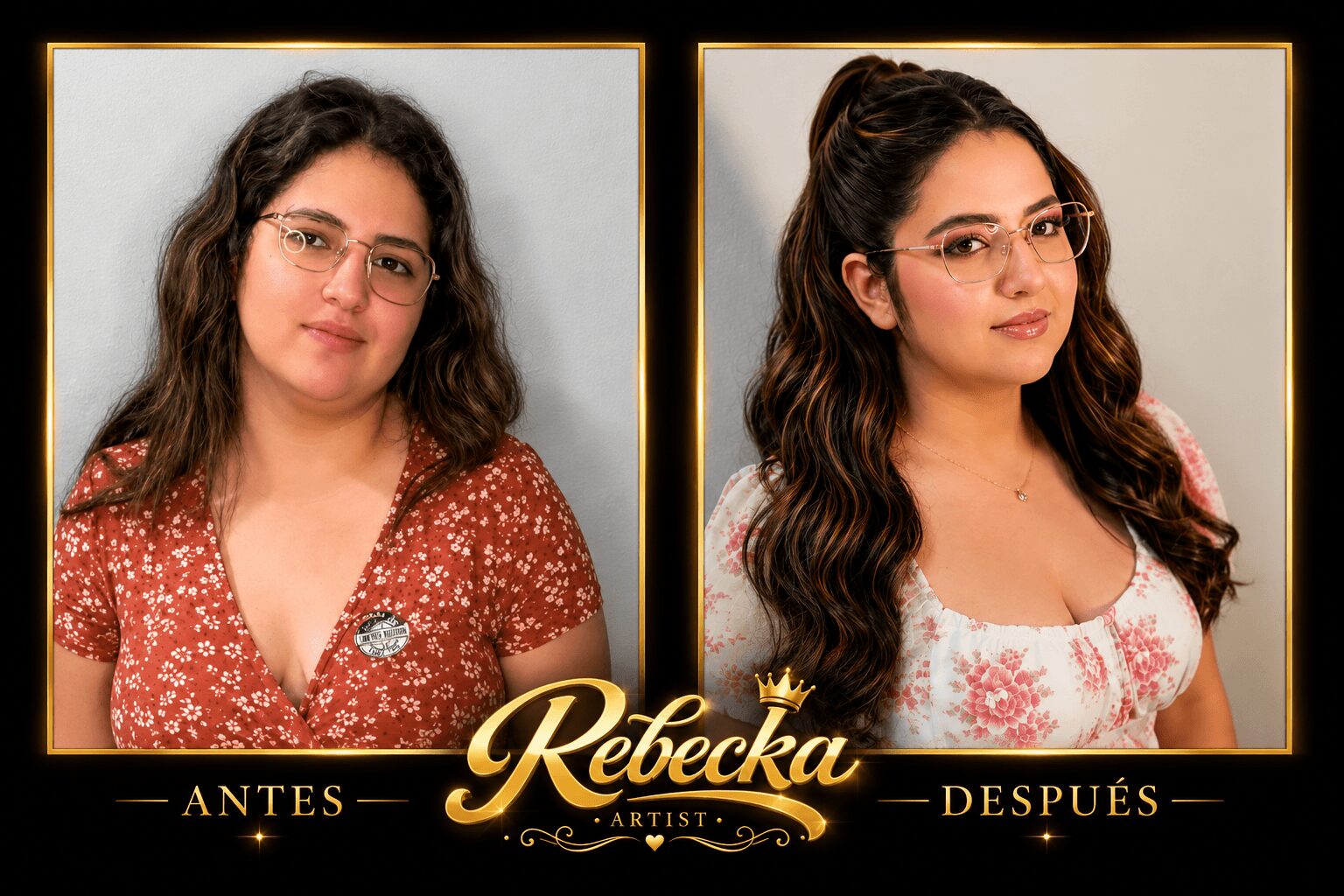 Side-by-side comparison of a woman before and after hair and makeup transformation, wearing glasses and floral tops.