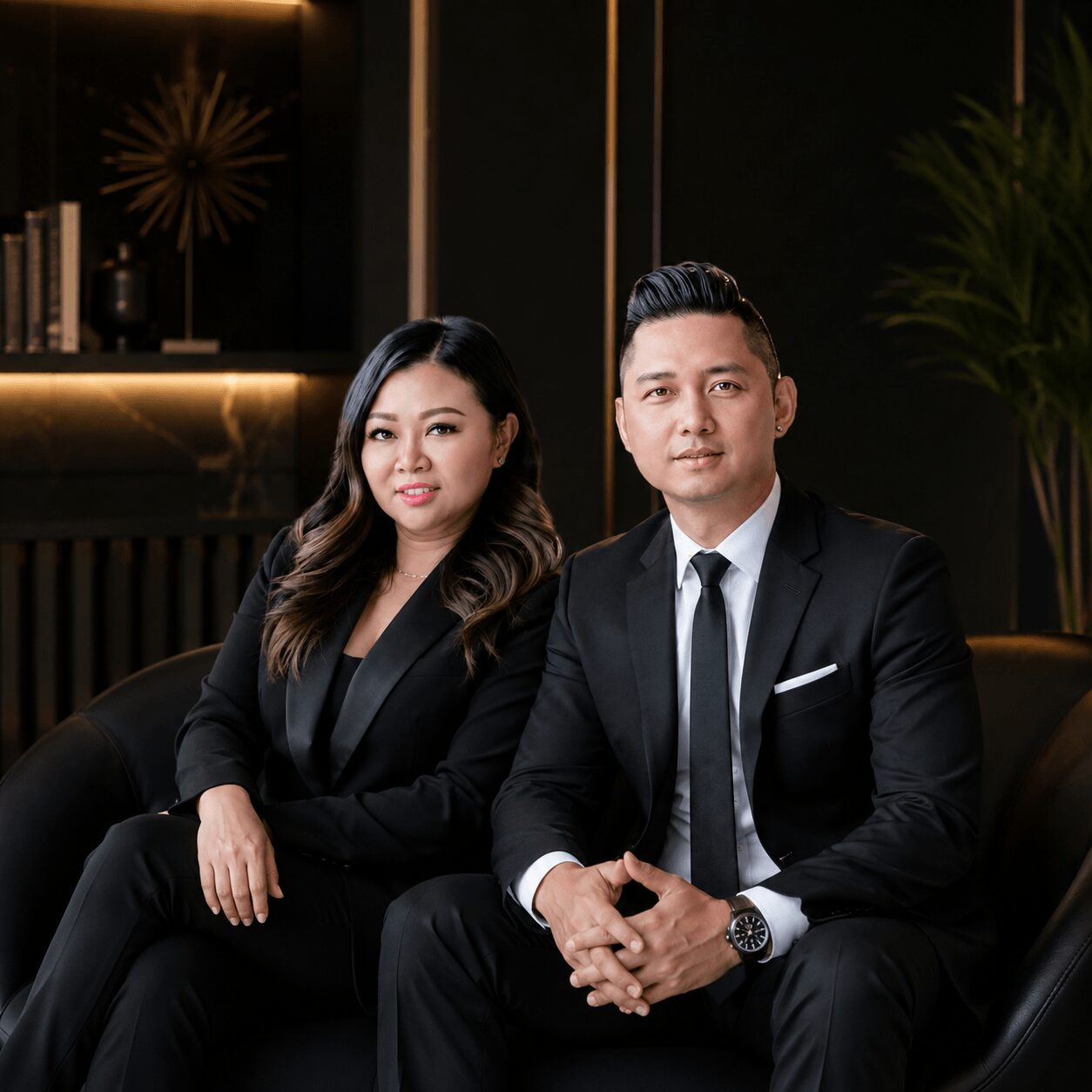 Two people in formal attire sitting on black chairs in a modern, dimly lit room with plants and decorative elements.