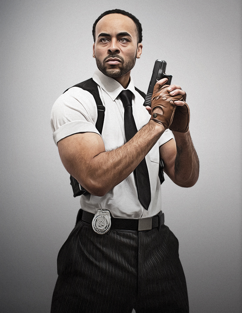Man in police uniform holding a gun with both hands, standing against a plain gray background.