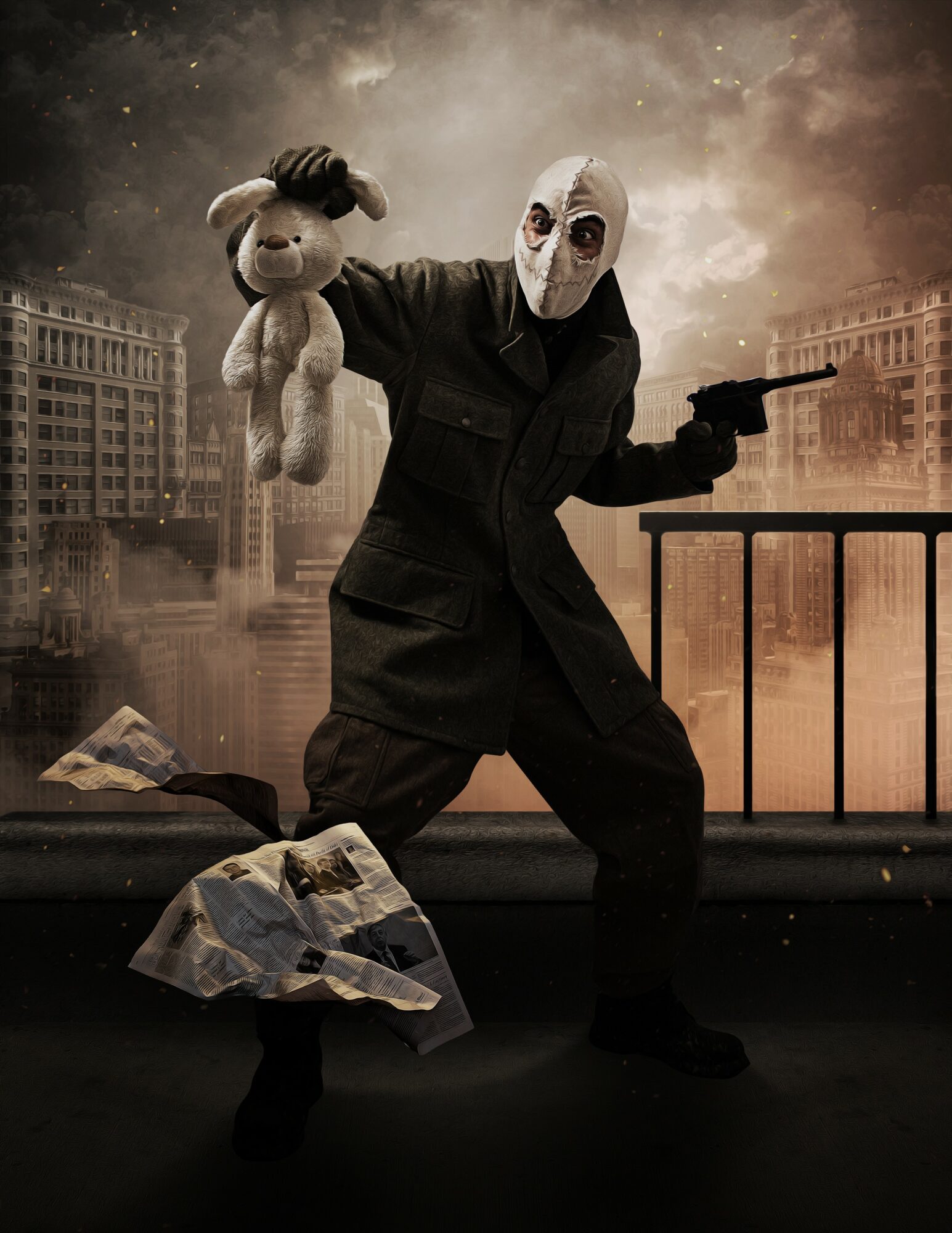 Person in a mask holding a stuffed animal and a gun, with a cityscape background and scattered paper on the ground.