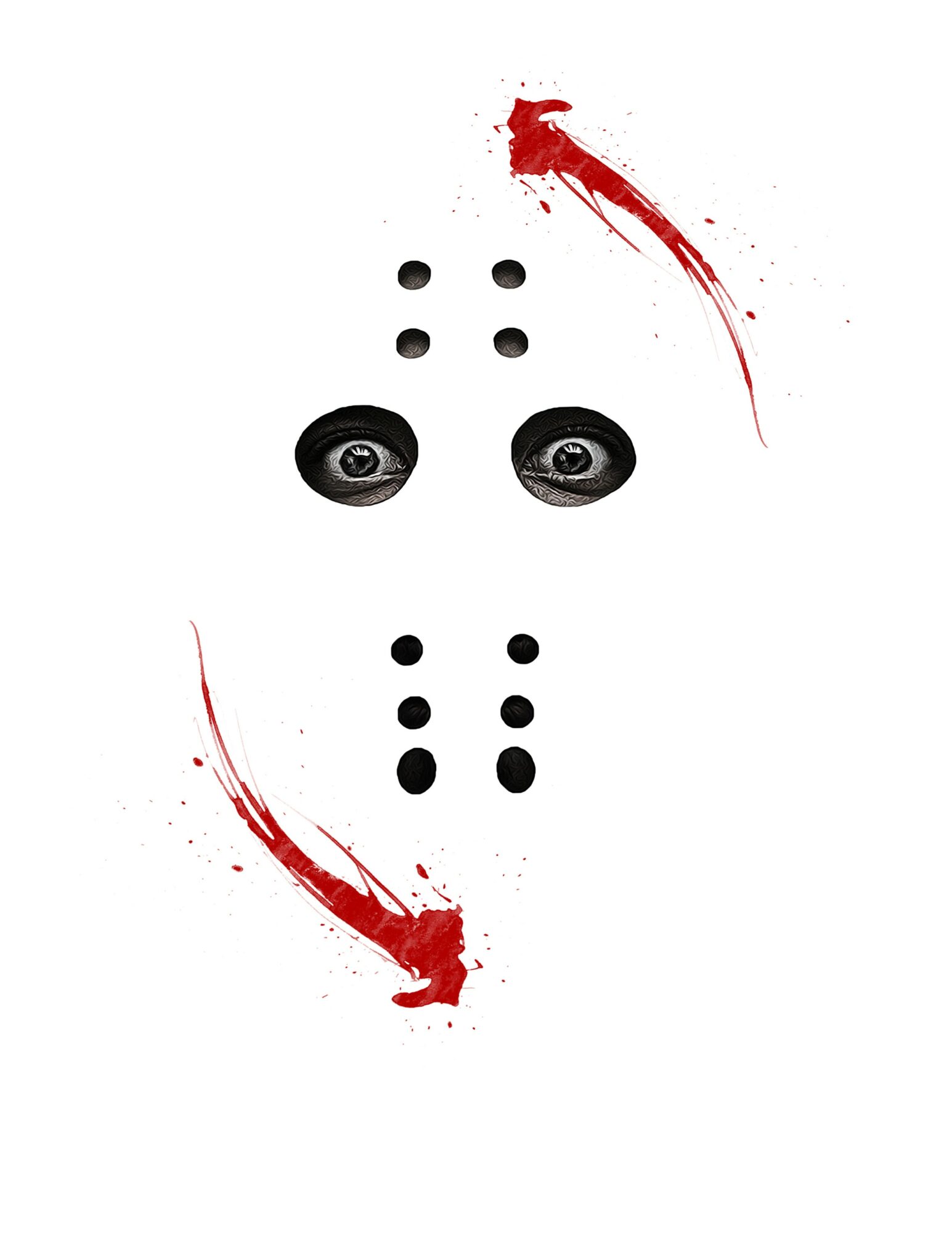 Dice pattern with two eyes and blood splatters, upside down, on a white background.