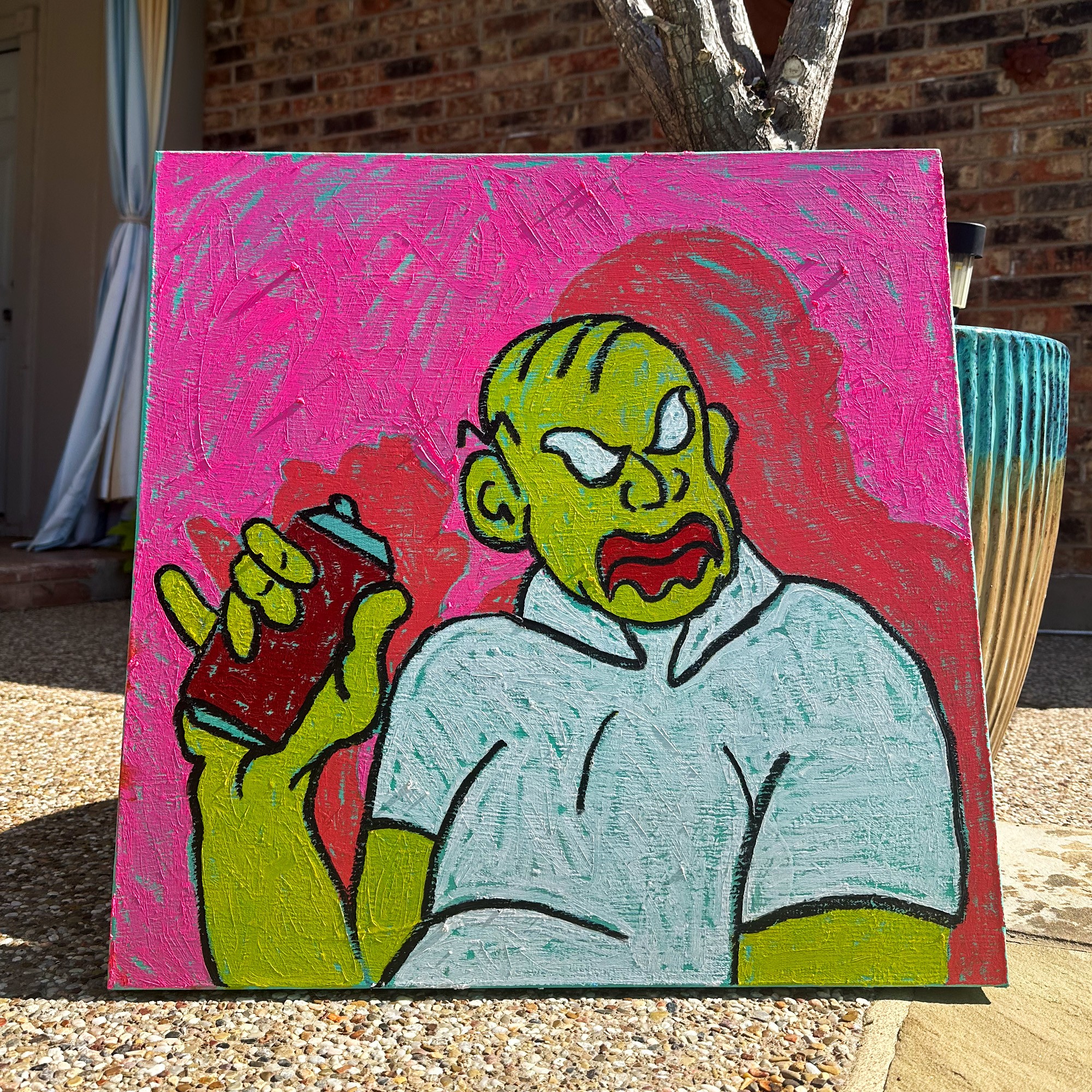 Colorful painting of a green-skinned person with glasses, holding a red object, against a pink background.