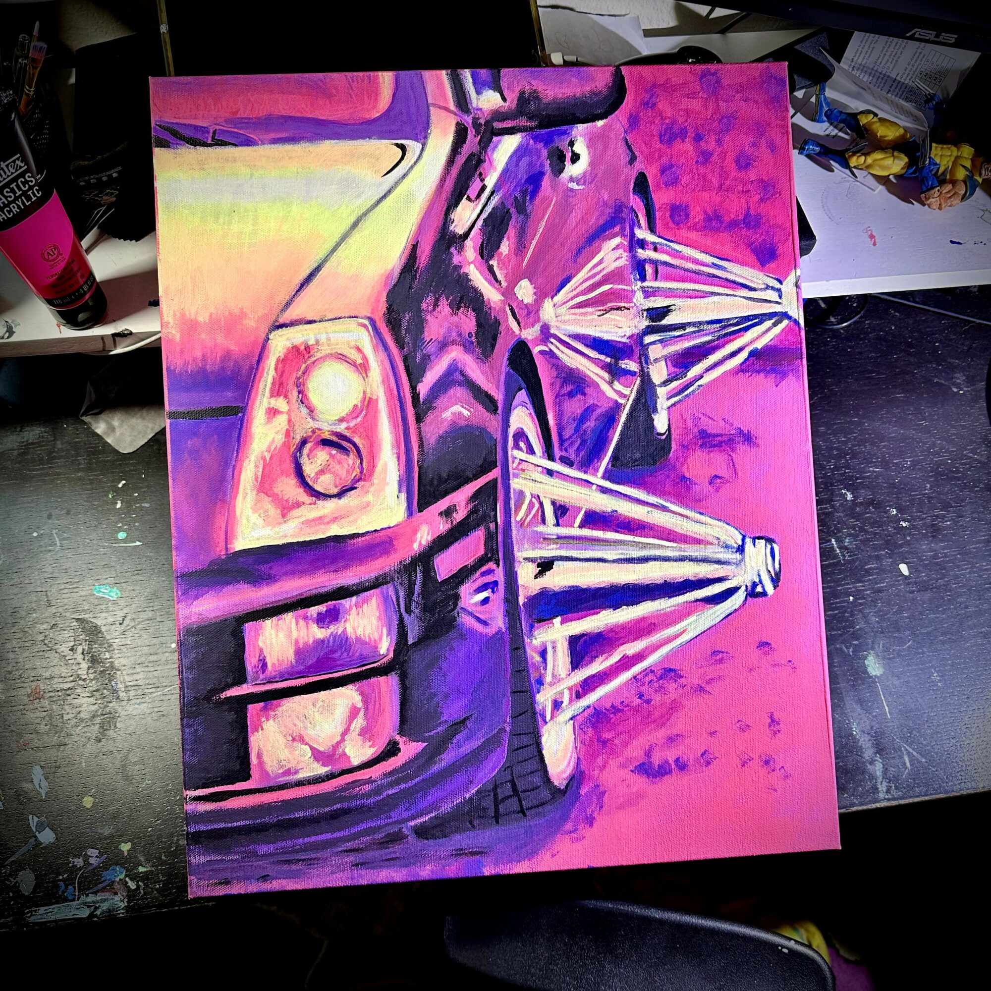 Painting of a car with a bridge in the background, using pink, purple, and yellow colors, with reflections on the car's surface.