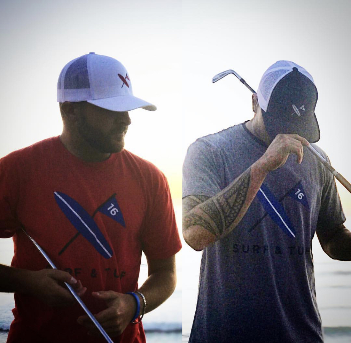 Two men wearing caps and casual shirts, holding golf clubs, standing outdoors with a bright sky background.