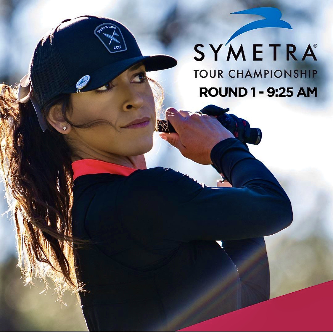 Female golfer in black cap and shirt holding a golf club, with sunlight behind her, promotional text on the right.