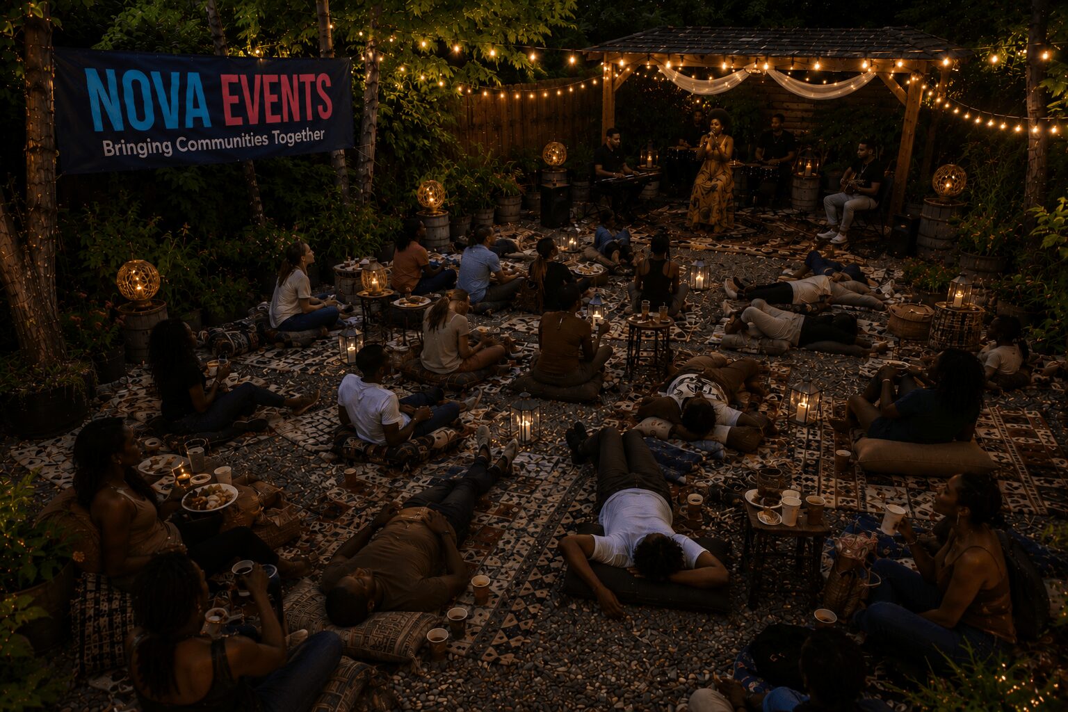 People sitting on cushions and rugs outdoors at night, illuminated by string lights, with a sign reading 'NOVA EVENTS' in the background.