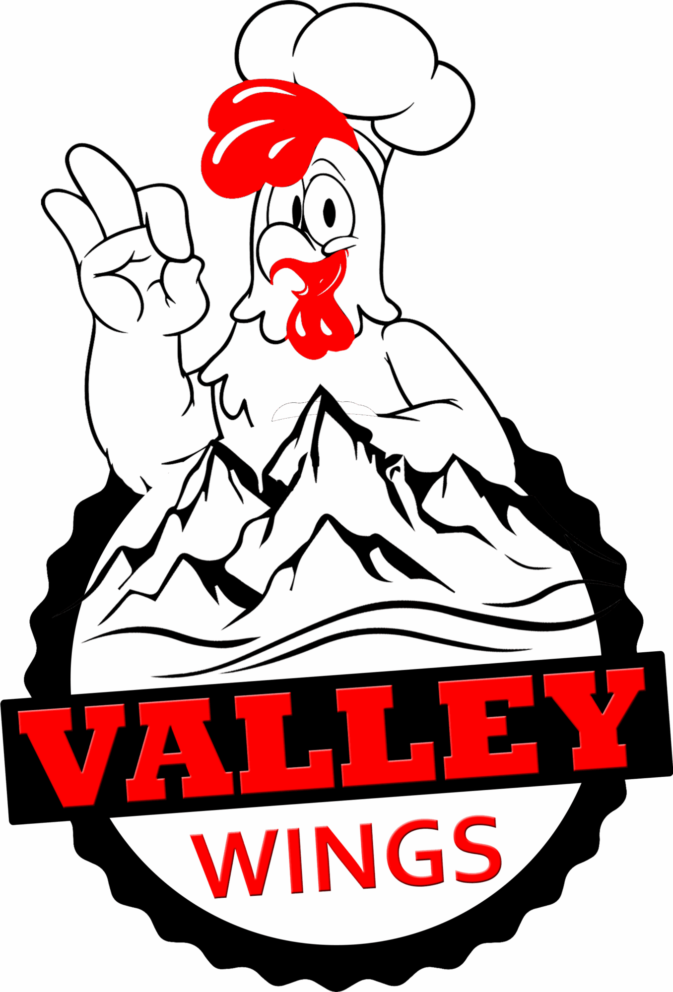 Cartoon chicken with a chef hat and red comb, standing on mountains, with bold red and white text reading 'VALLEY WINGS'.