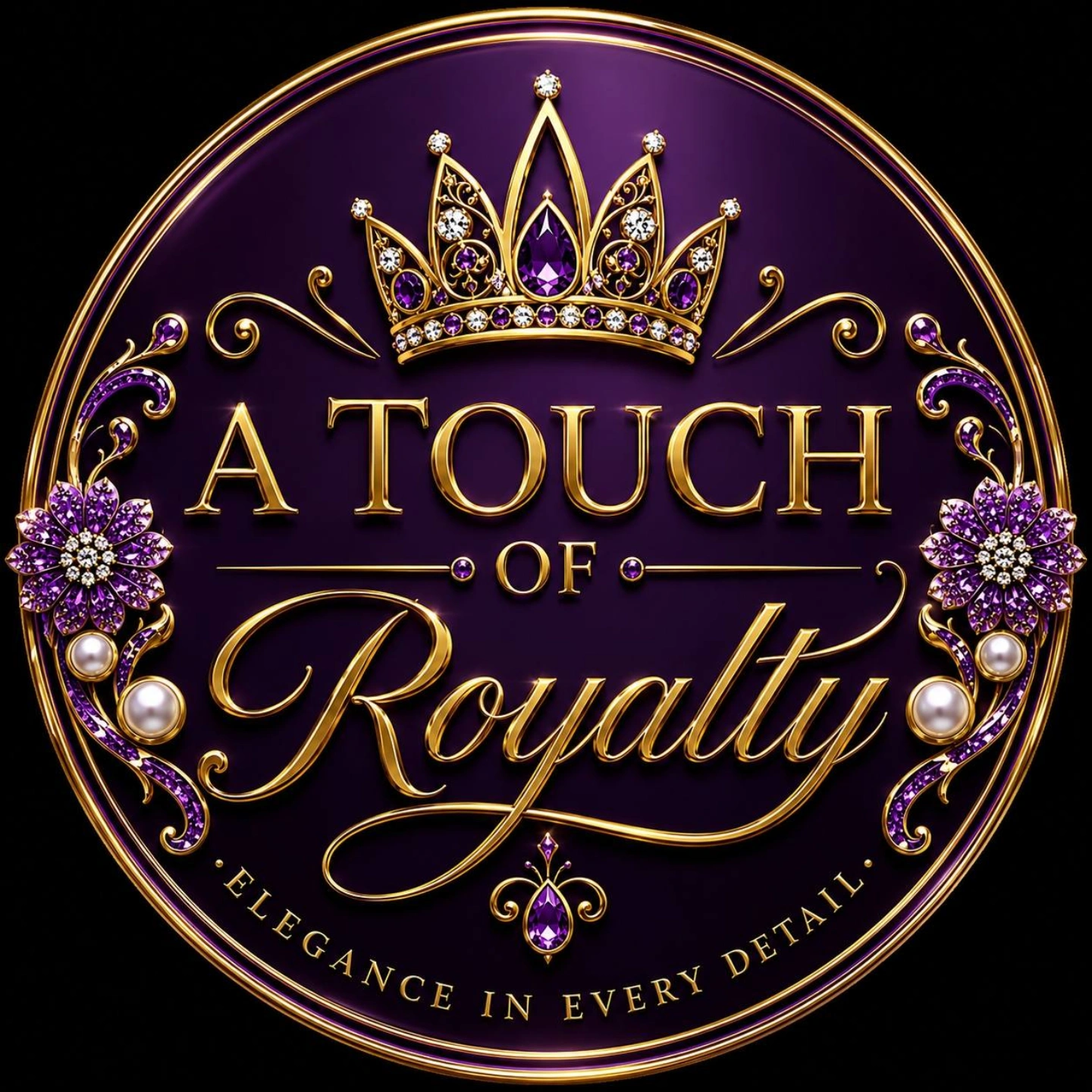 A circular logo with a purple background, gold crown, and text reading 'A Touch of Royalty' with decorative elements.