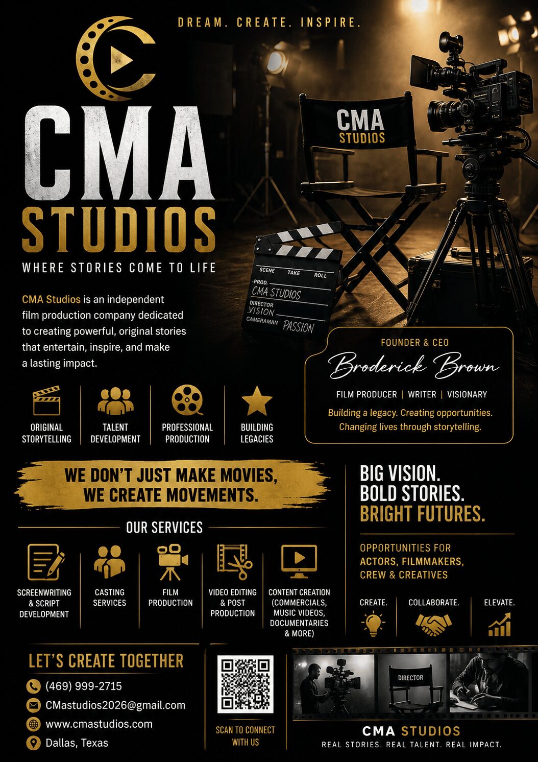 CMA Studios logo with camera equipment and crew in a film set, text about filmmaking and storytelling, and contact information.