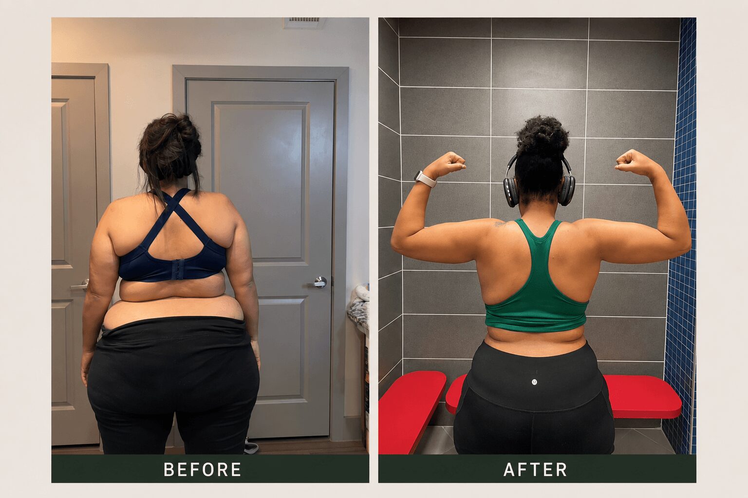 Side-by-side comparison of a woman before and after fitness progress, showing increased muscle definition and strength in arms.