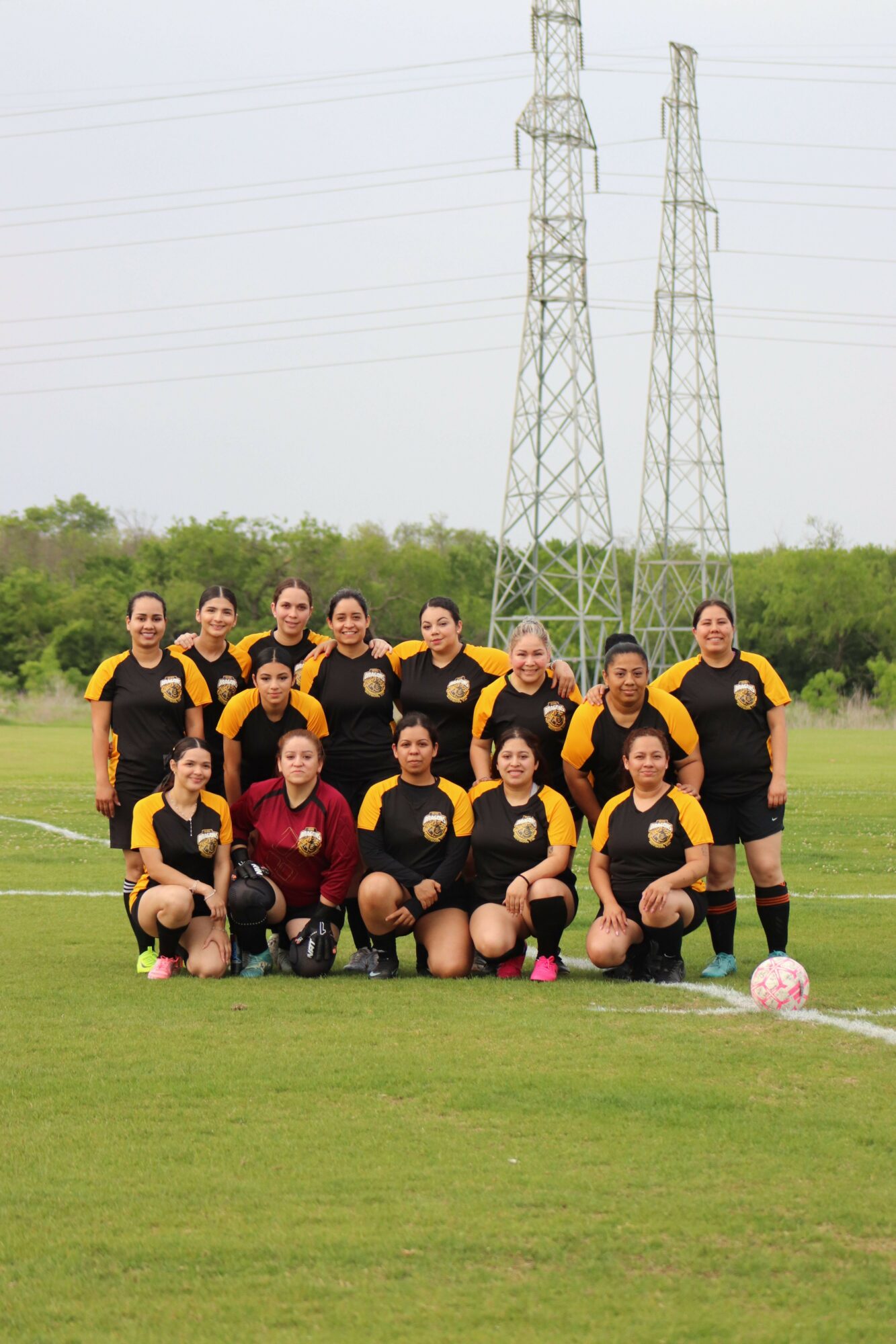 Group of people in black and yellow sports uniforms posing outdoors on grass, with power lines and trees in background.