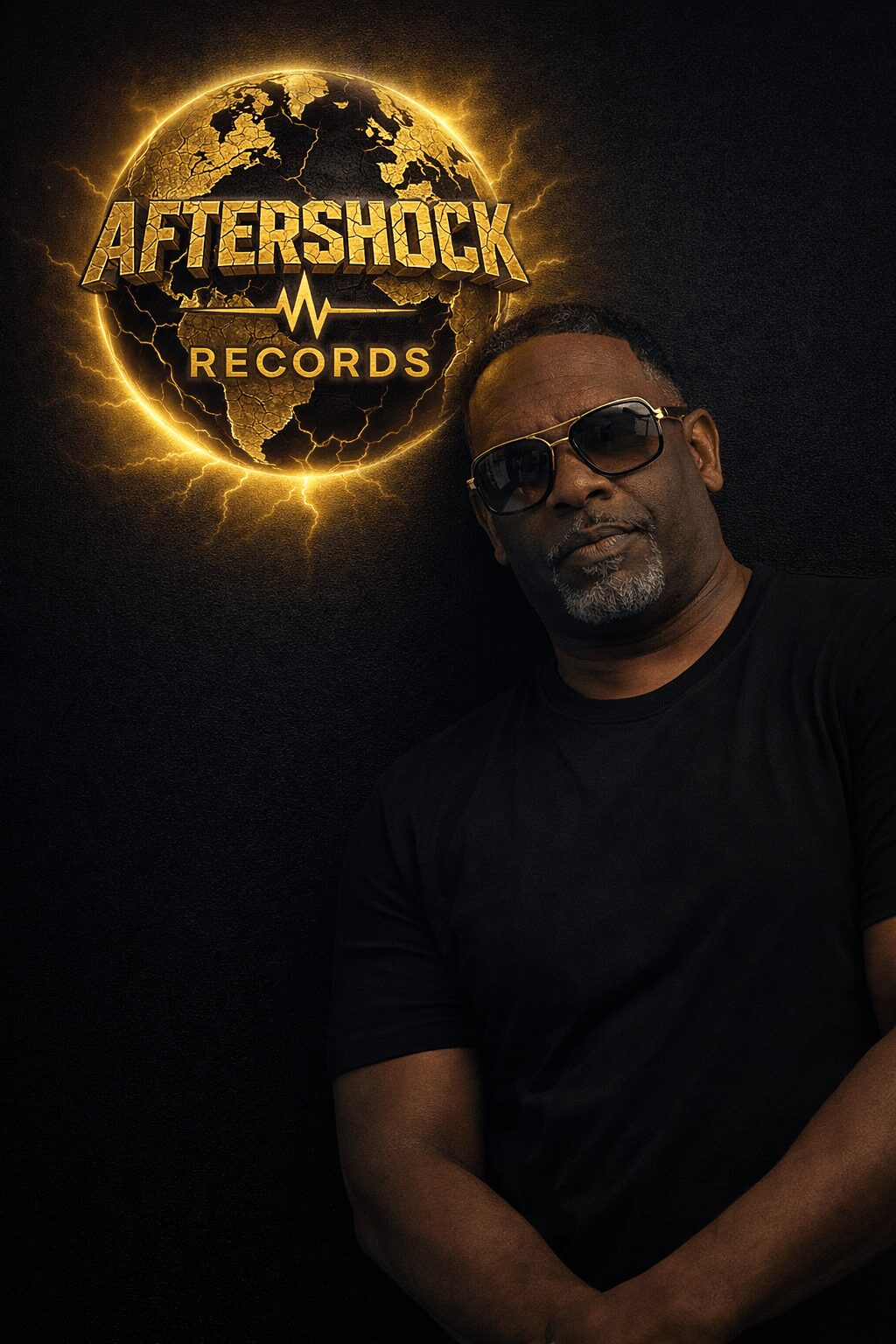 Man wearing sunglasses in front of a black background with a glowing gold logo reading 'Aftershock Records'.