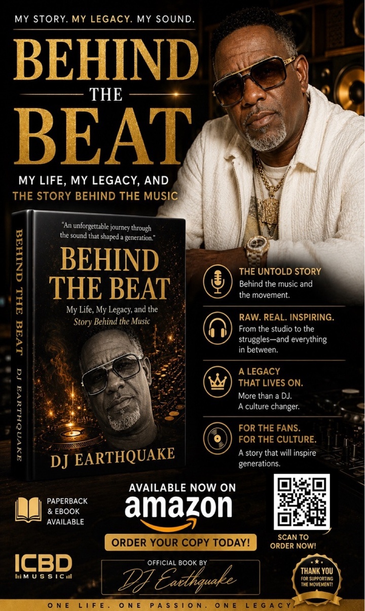 Book cover titled 'Behind the Beat' featuring a man wearing sunglasses and a white jacket, with a smaller image of him in black and white.