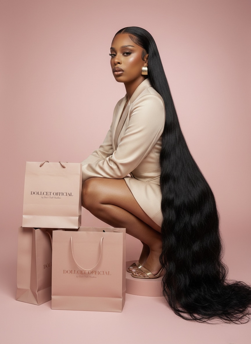 Woman with long, wavy black hair squatting next to shopping bags against pink background.