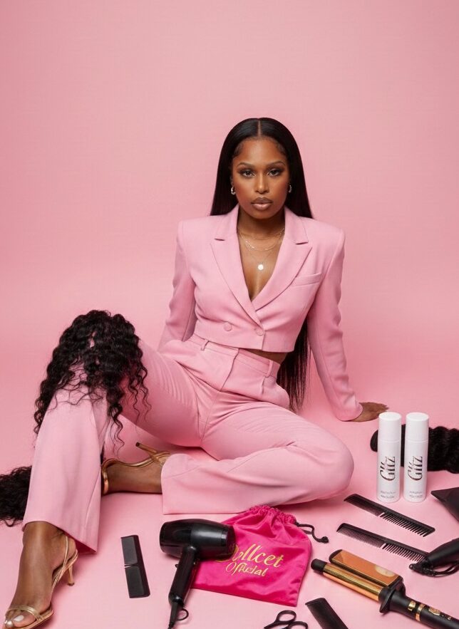 Woman in pink suit sitting on floor with hairdryer and beauty products, pink background, serious expression.