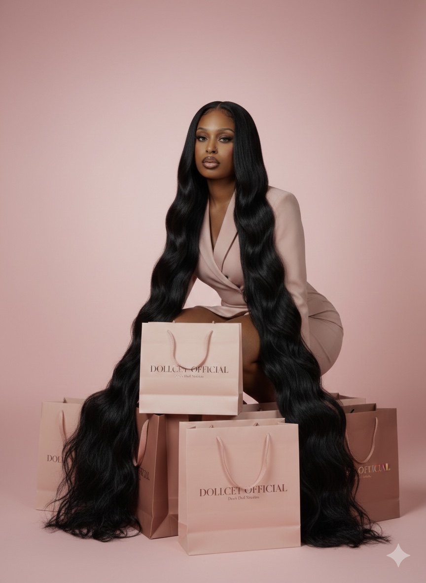 Woman with long, wavy black hair wearing a beige blazer, sitting behind shopping bags against a pink background.