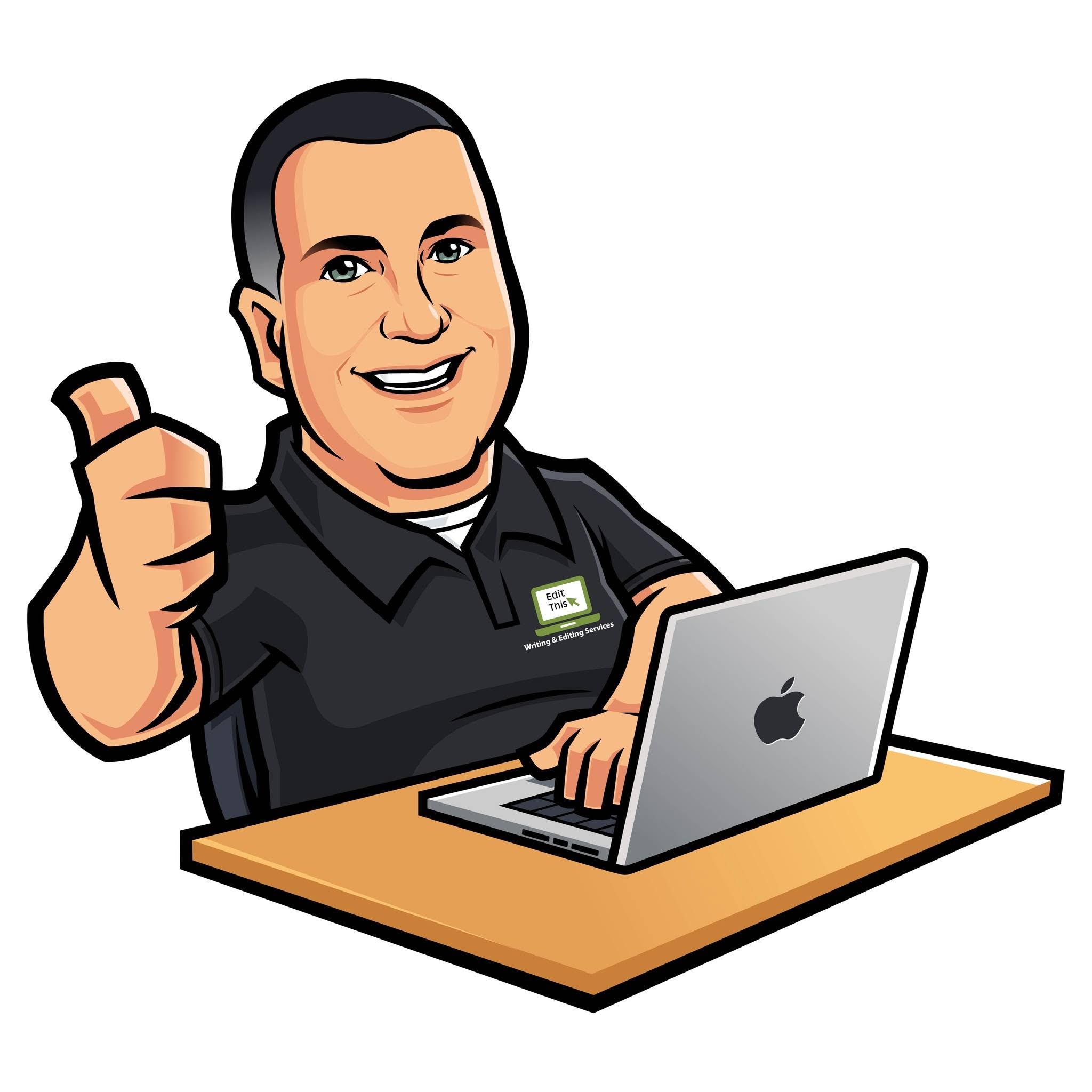Cartoon man smiling at laptop, giving a thumbs-up, sitting at a desk.