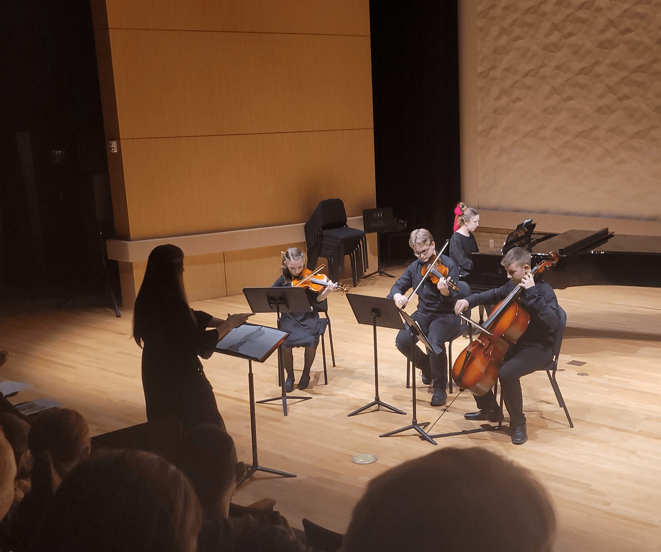 Orchestra performing on stage with conductor, four musicians playing string instruments, audience visible in foreground.