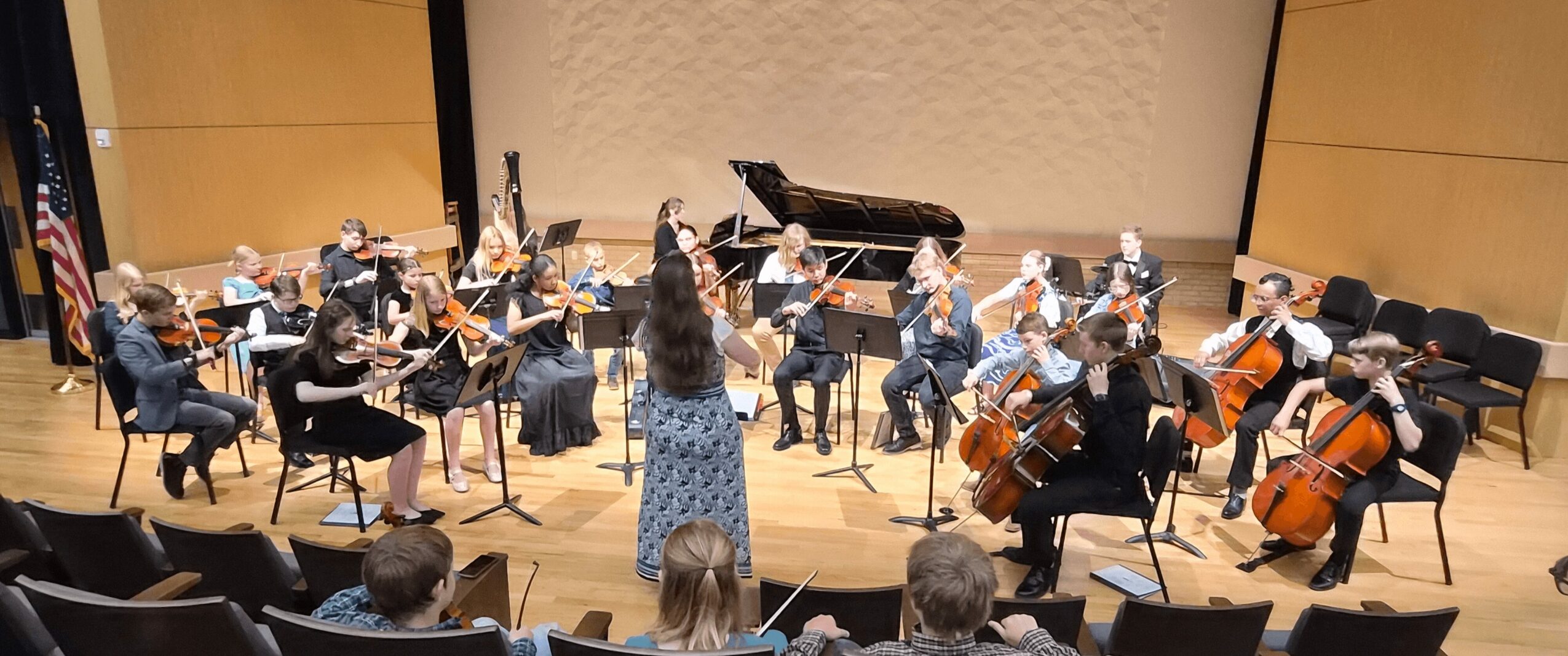 Orchestra performs on stage with conductor, musicians playing string, wind, and percussion instruments, audience watching, concert hall setting.