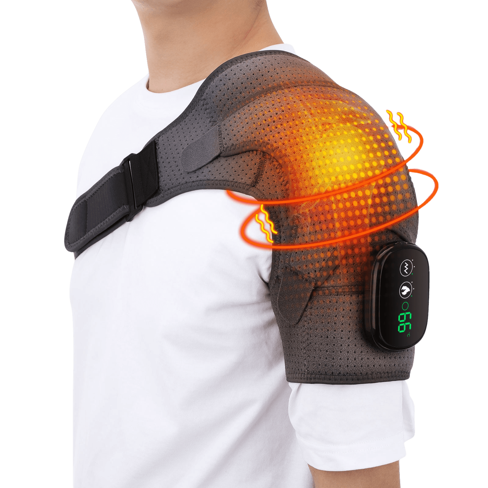 Person wearing a shoulder heating pad with a digital control, glowing orange area indicating heat, black strap, white shirt, black background.