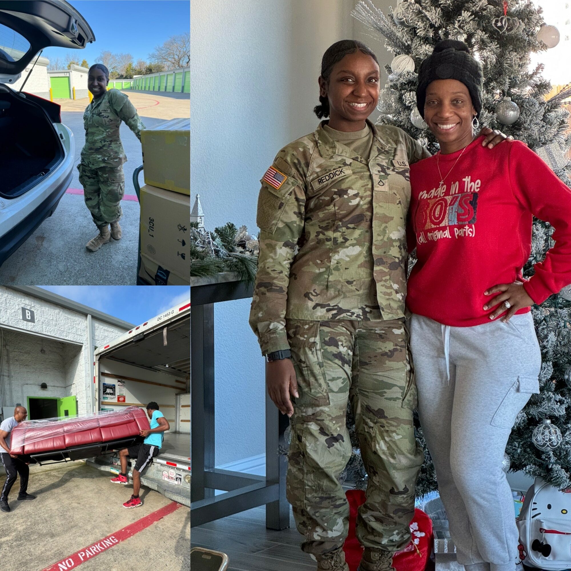 Two women, one in military uniform and one in casual clothing, stand smiling in front of a decorated Christmas tree indoors.
