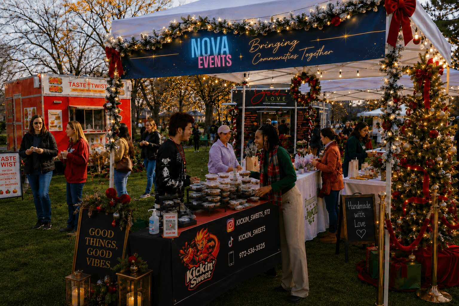 People gather at a festive outdoor market stall decorated with Christmas ornaments and a Christmas tree, selling food and drinks.
