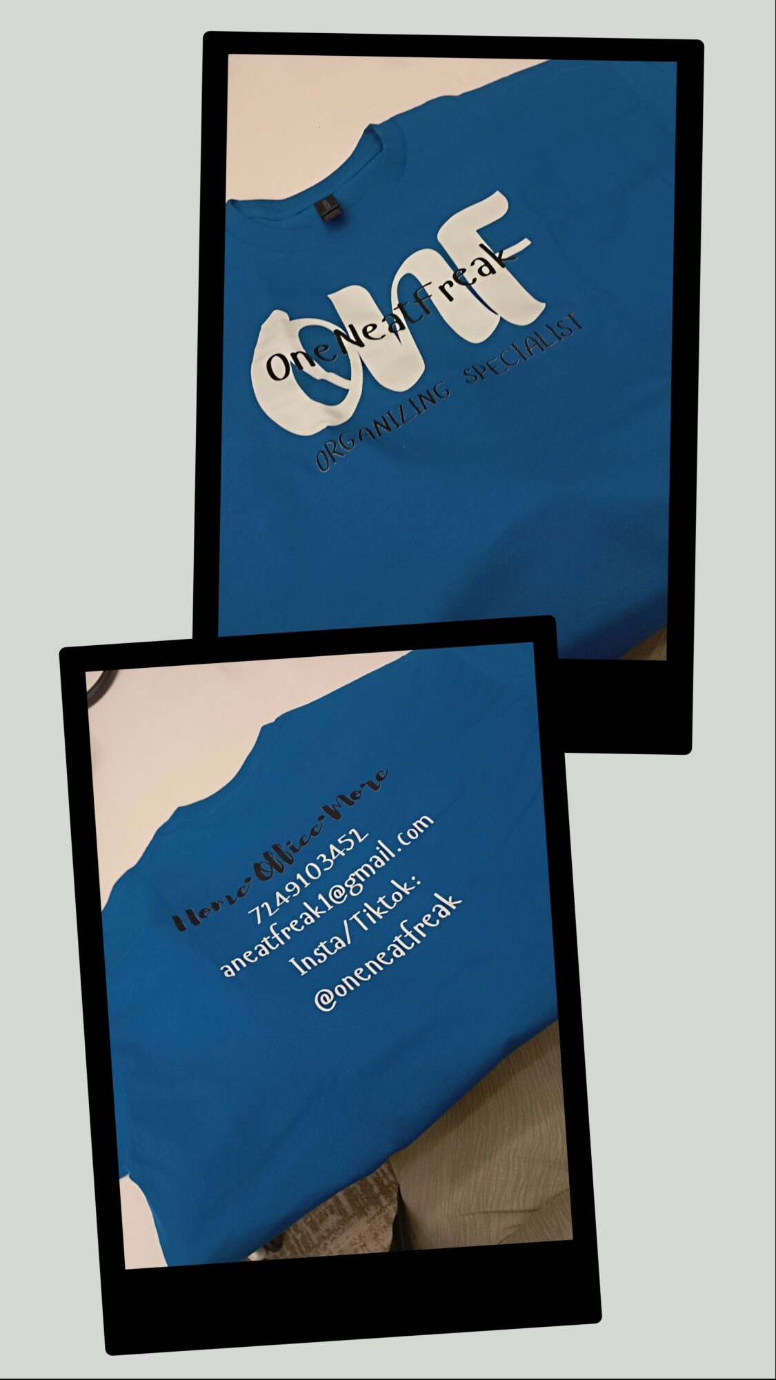 Two framed posters leaning against a wall, one showing a blue background with white text, the other with contact information on a blue background.
