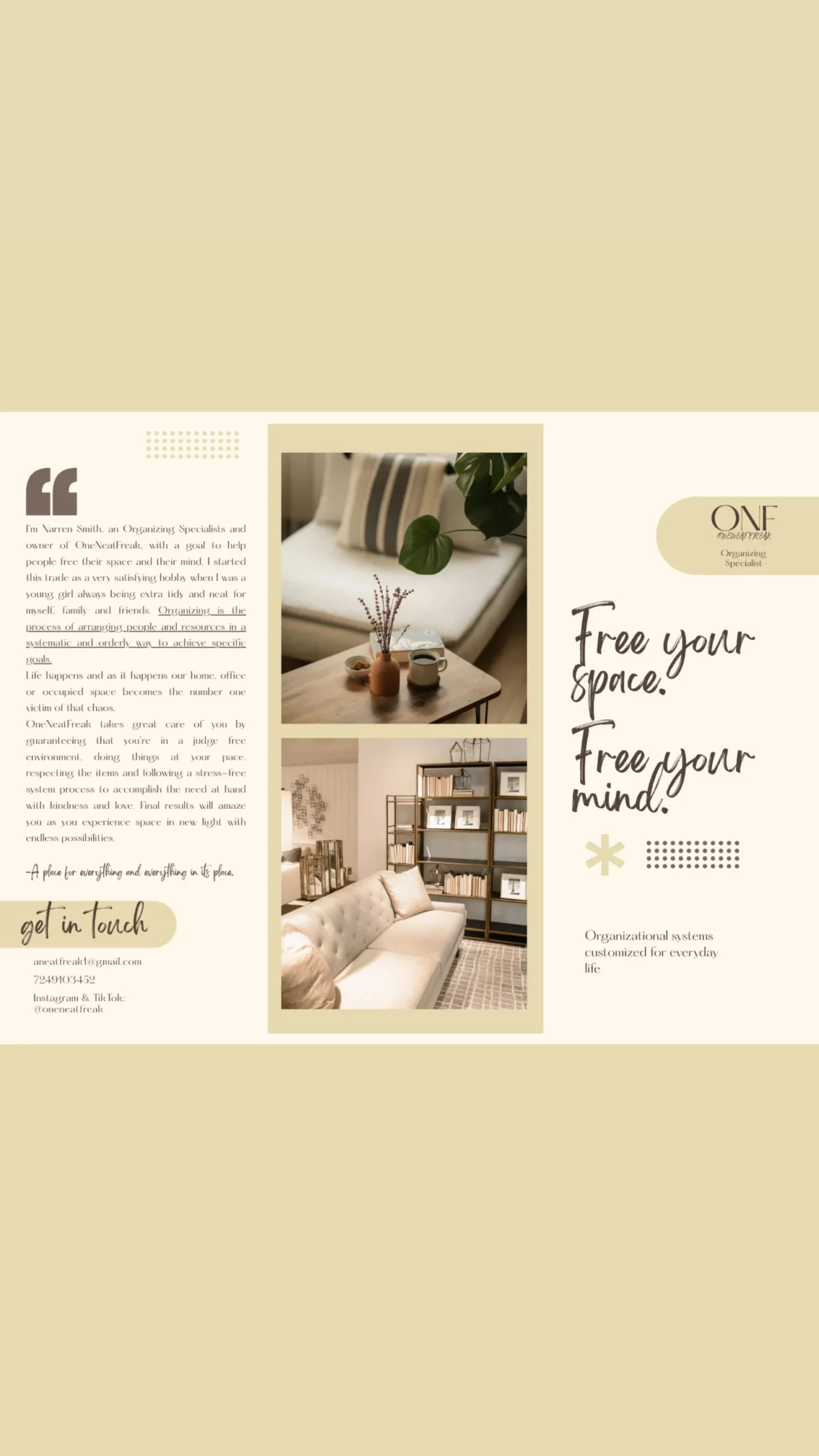 Interior decor with sofa, cushions, plants, and books, promoting free space and mind, with text and design elements.
