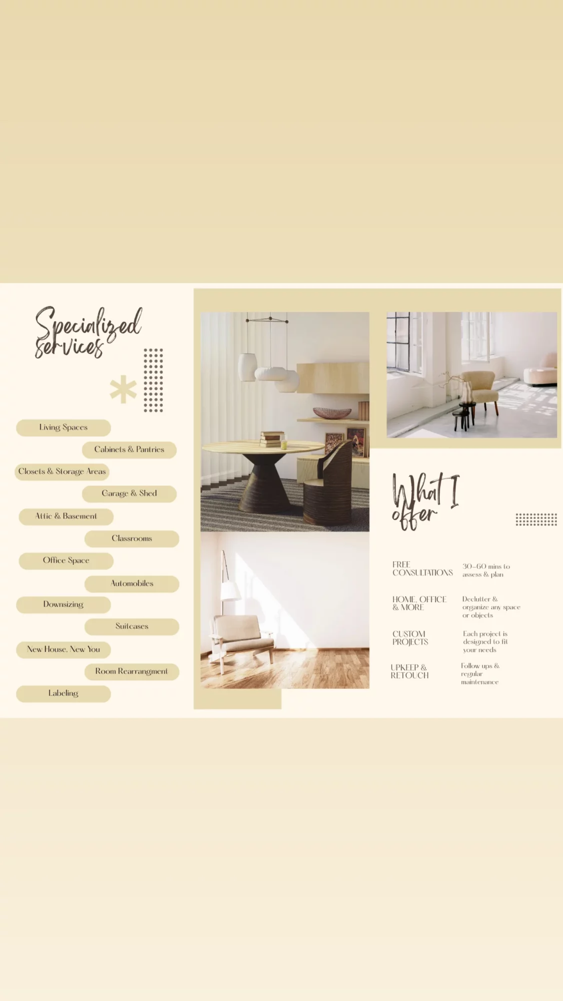 A beige and cream-colored interior design flyer with images of rooms, text, and decorative elements.