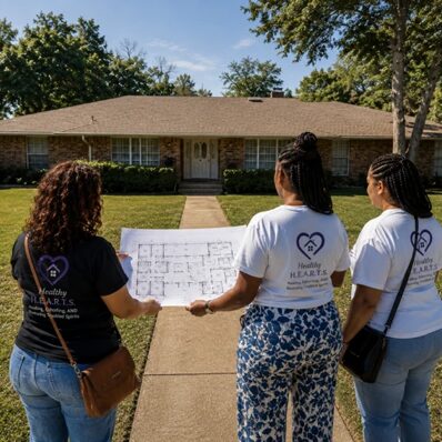 Three women holding a large blueprint in front of a single-story house with a lawn and trees.