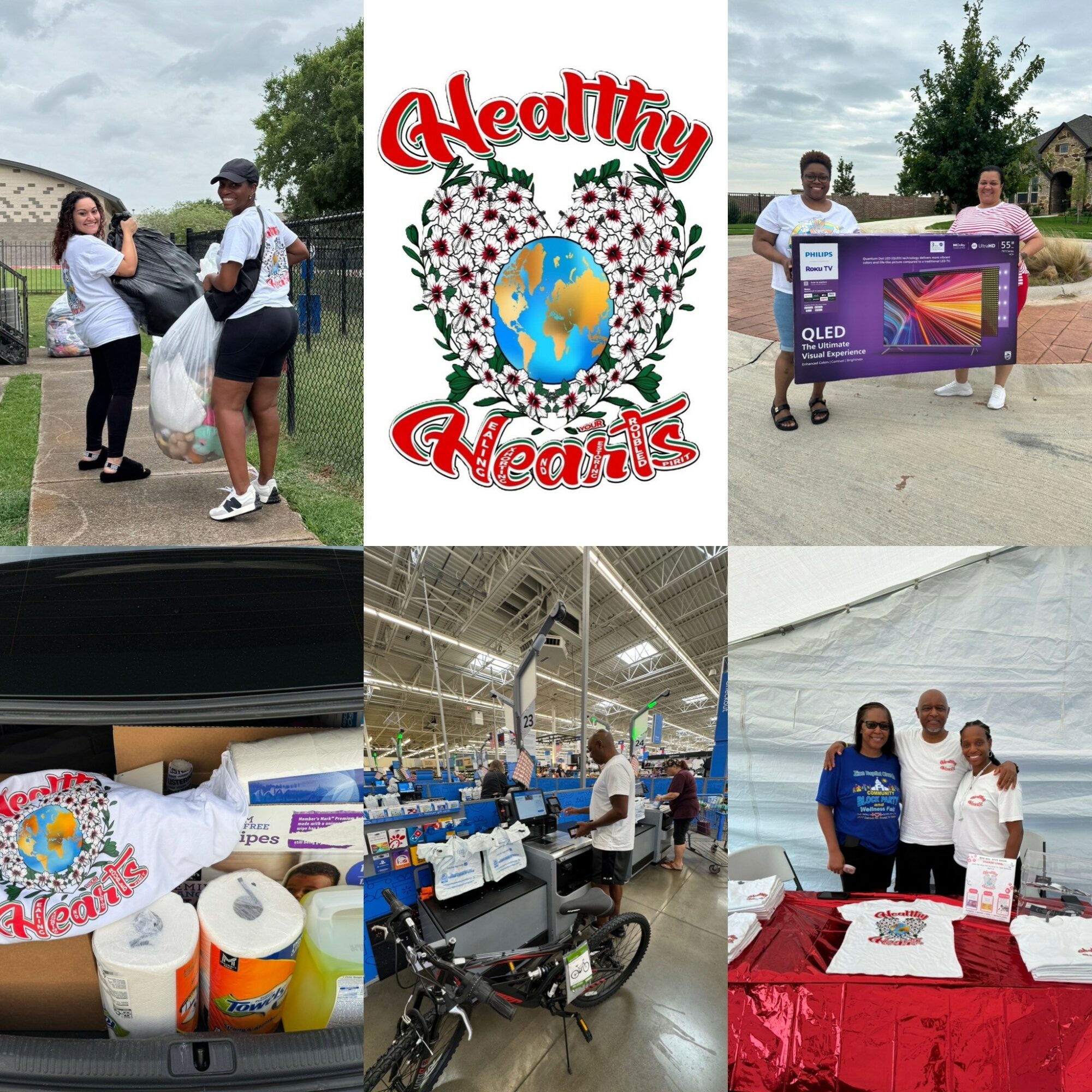 Group of people participating in a community event, with a logo reading 'Healthy Hearts' featuring a heart and globe, and various activities shown.