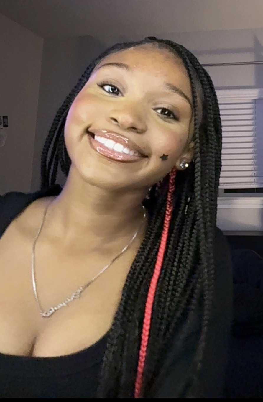 Young woman with braided hair, smiling, wearing a necklace and earrings, indoors with window blinds in background.