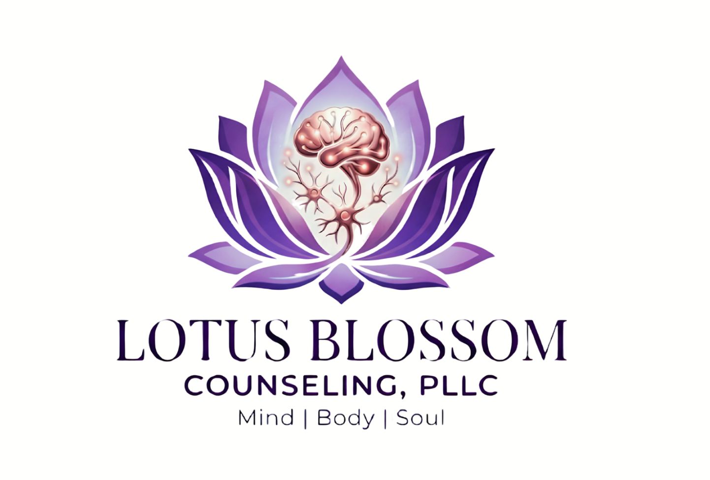 Logo with a purple lotus flower, a brain, and a neuron, with text for Lotus Blossom Counseling, PLLC, and the words Mind, Body, Soul.