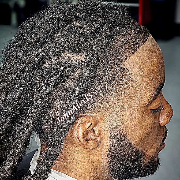 Side view of a man with styled dreadlocks and a beard, facing right.