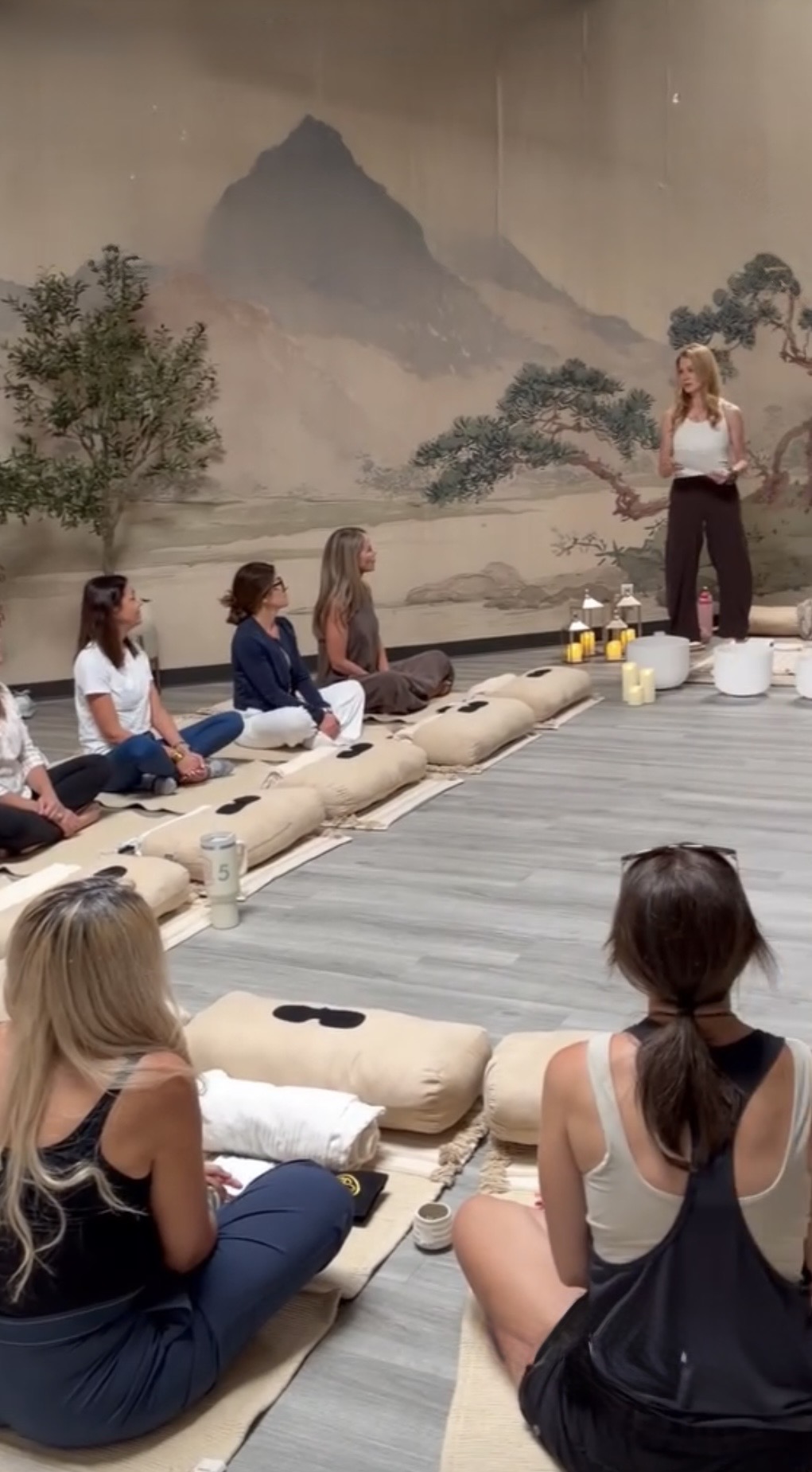 Group of women sitting on cushions in a room with a mountain landscape mural, listening to a woman standing and speaking.