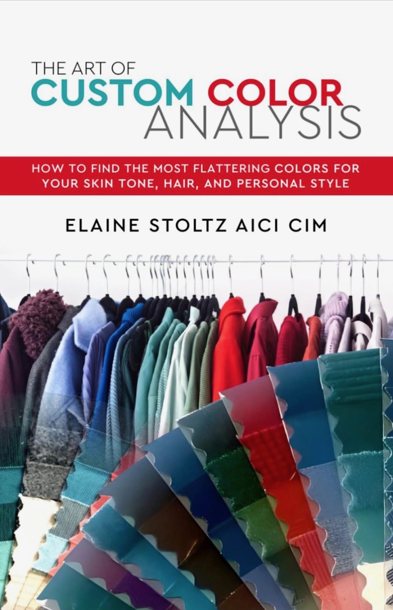 Book cover titled 'The Art of Custom Color Analysis' with clothing and color swatches, and red banner with white text.