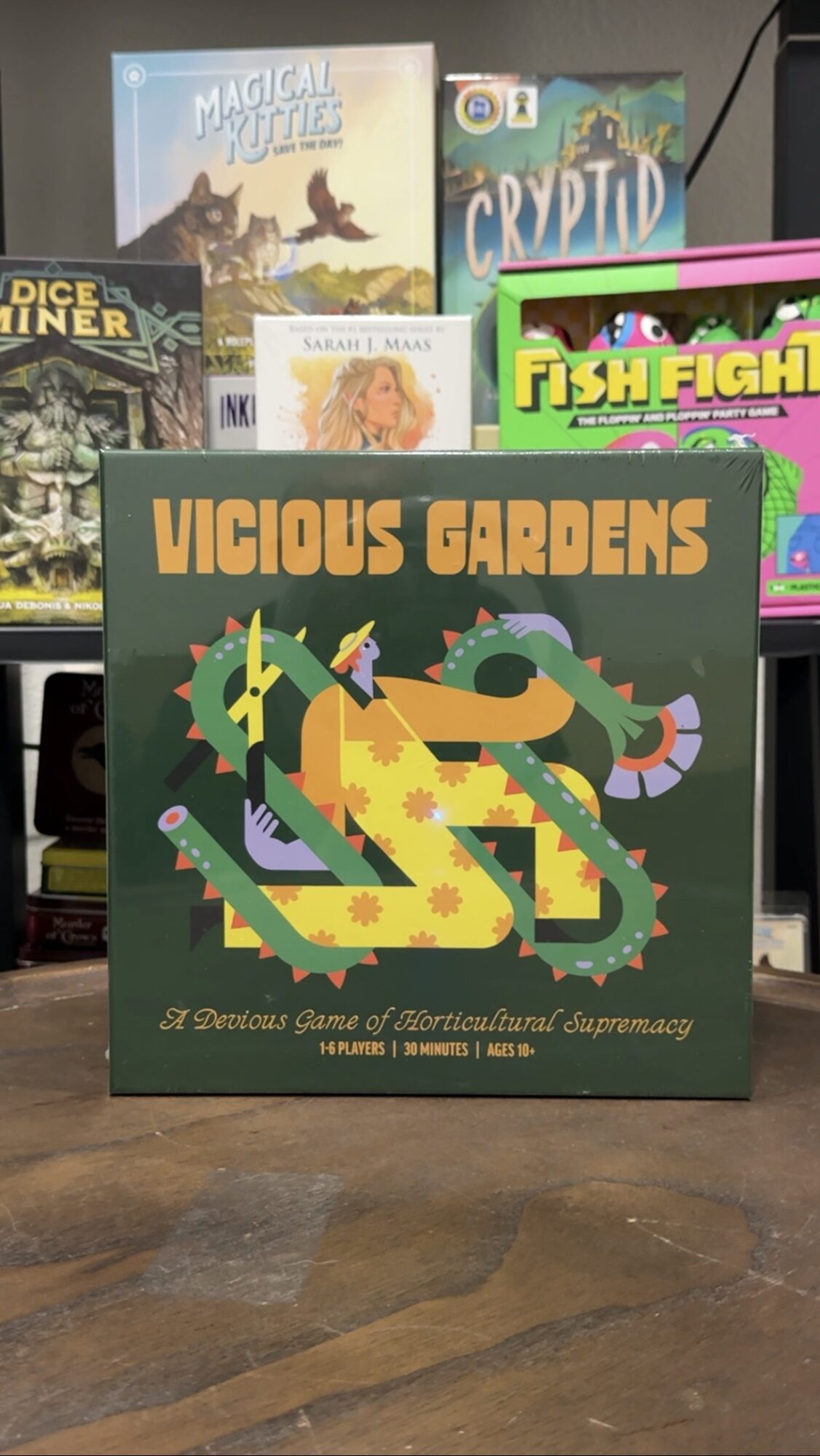 Board game titled 'Vicious Gardens' with colorful snake illustration, on a wooden surface with other games in background.