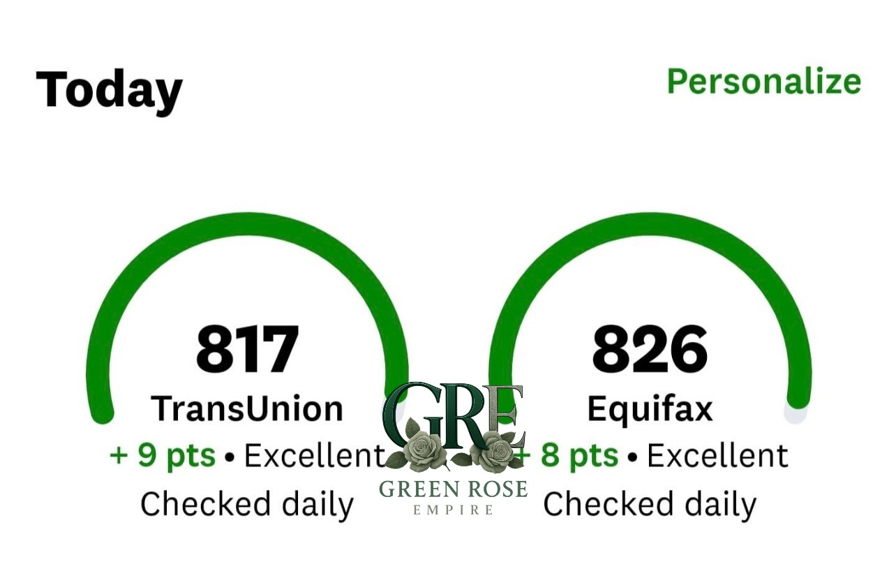 Screen showing two gauge meters for TransUnion and Equifax credit scores, with scores 817 and 826, and green indicators. Word 'Today' at top left.