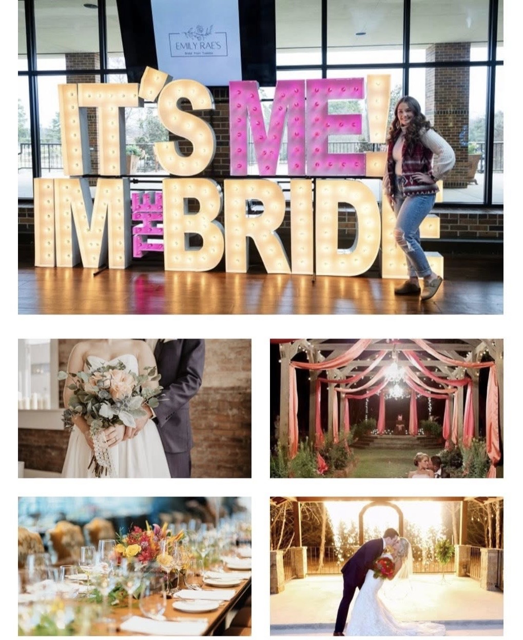 Woman standing next to large decorative letters spelling 'YES' and 'MARRY' in a bright indoor space.