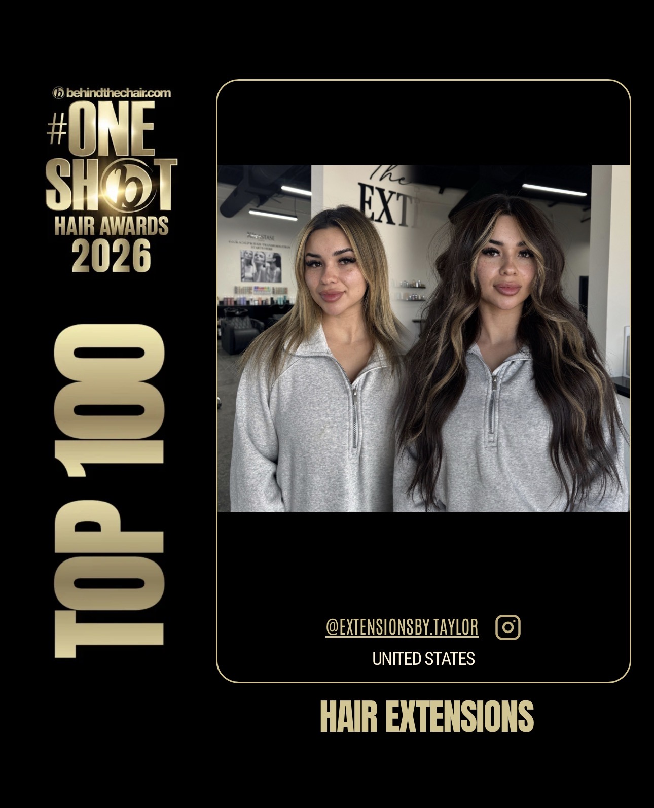 Two women with long hair wearing gray hoodies, standing indoors, smiling, with a sign that says 'EXIT' behind them.
