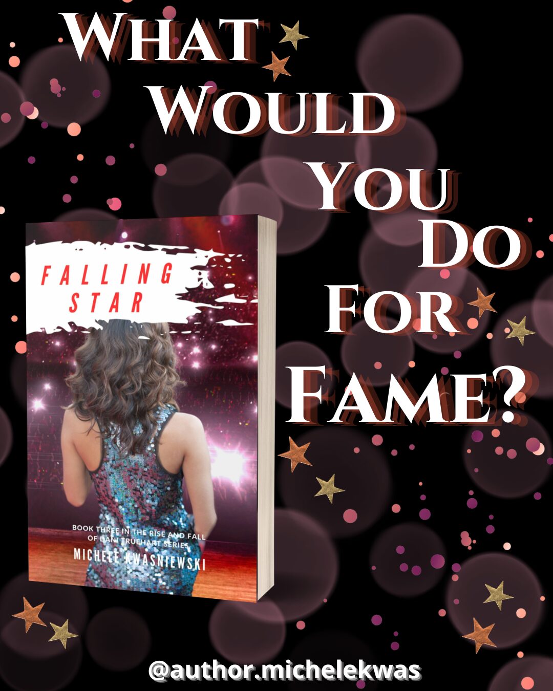 Book cover titled 'Falling Star' shows a girl with curly hair in a sparkly dress, with text asking about fame.