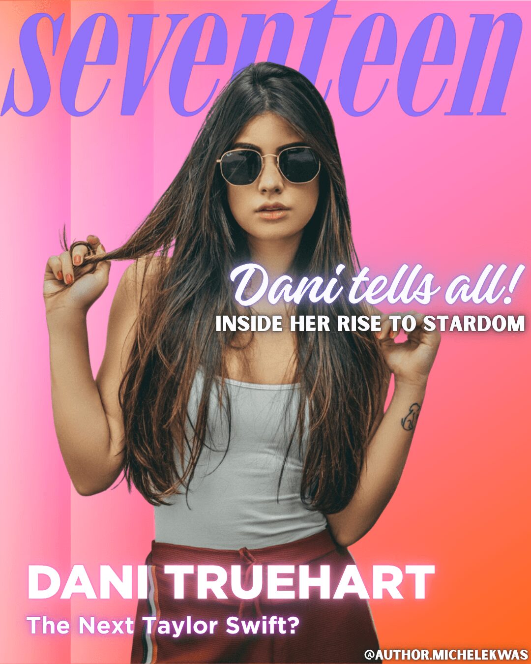 Young woman with long hair wearing sunglasses and a white top, holding her hair, pink background, magazine cover.