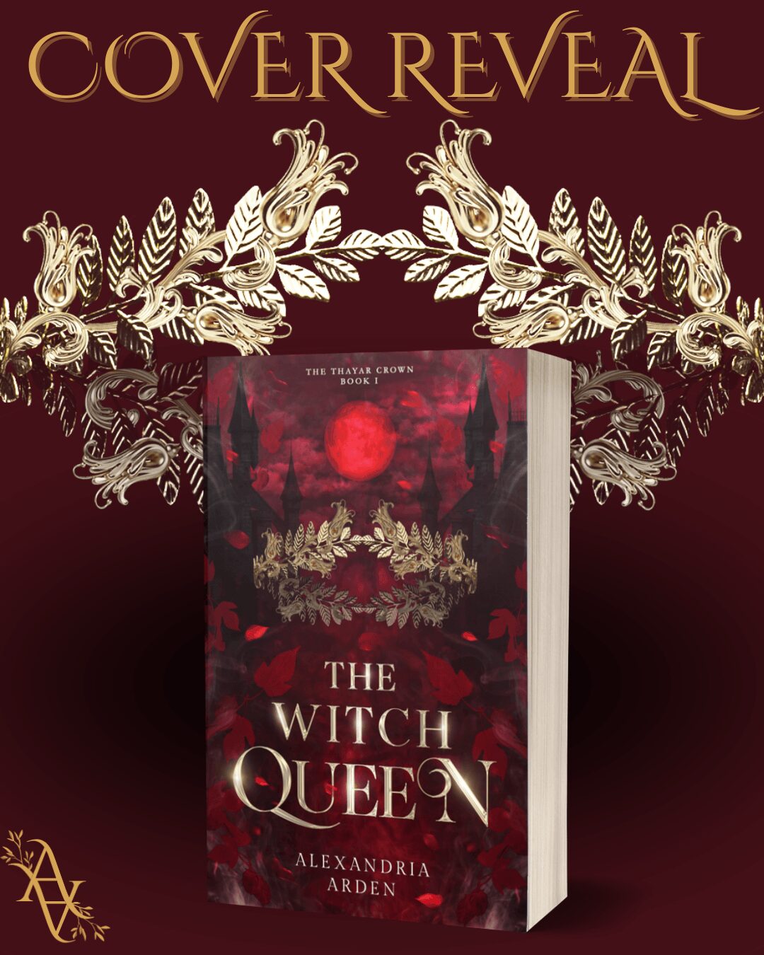 Book cover titled 'The Witch Queen' with dark red and black background, floral design, and gold text, surrounded by decorative gold elements.