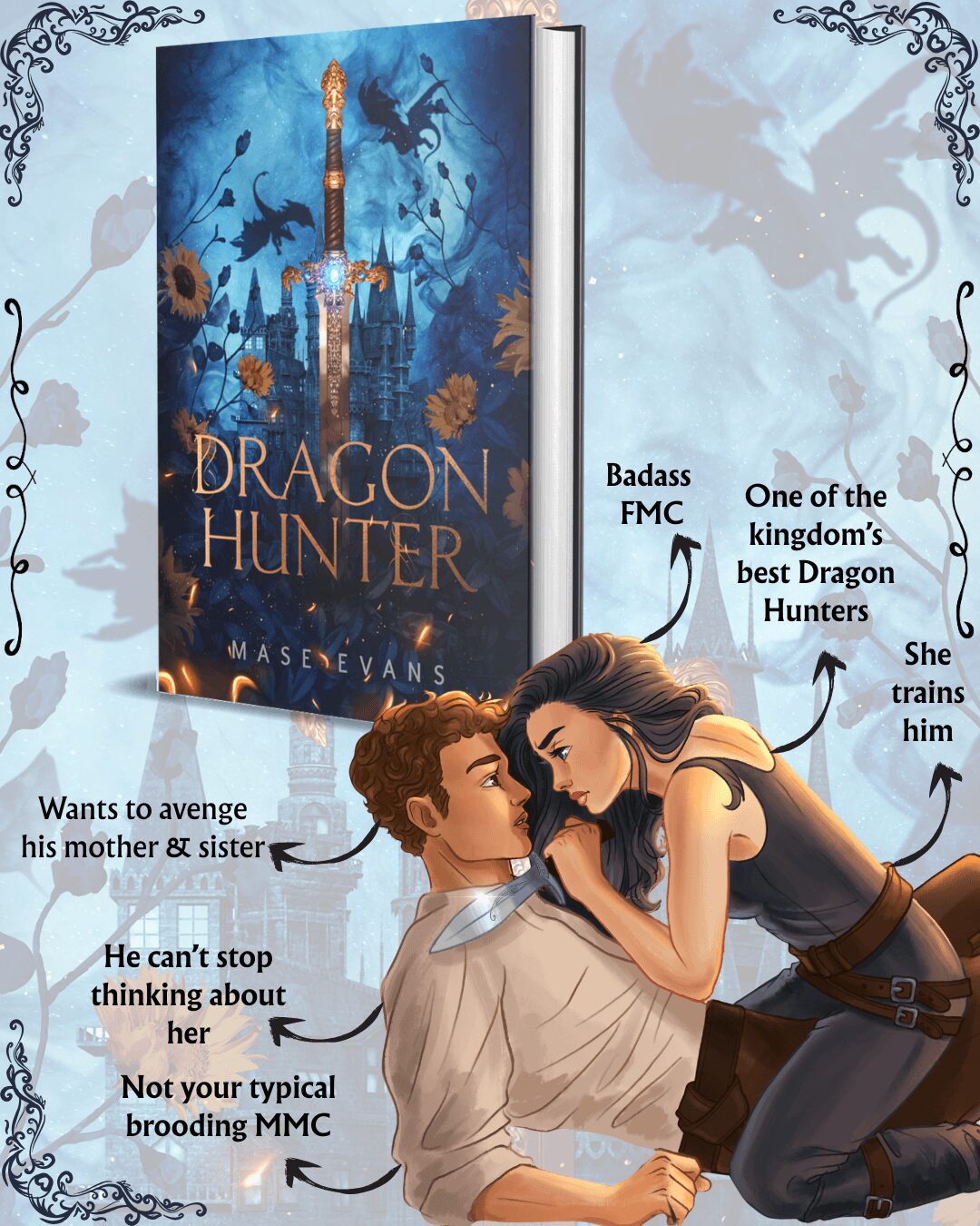 Book cover titled 'Dragon Hunter' with a sword and dragon silhouette, surrounded by two characters, a boy and a girl, in a fantasy setting.