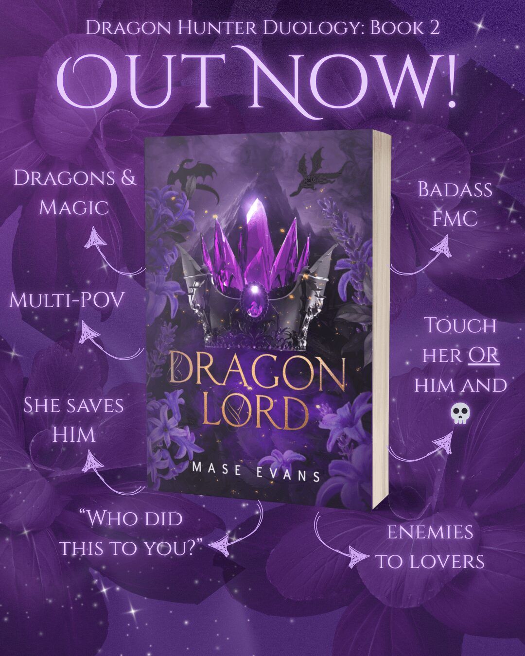 Book cover titled 'Dragon Lord' with purple crystals, surrounded by fantasy elements and text highlighting features.