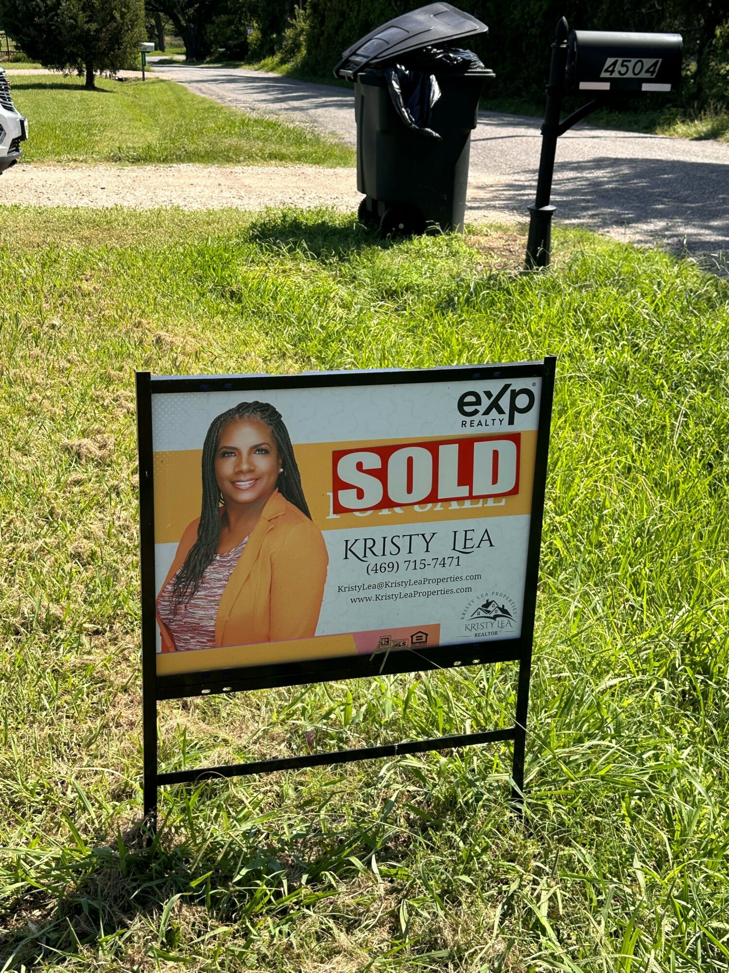 Signboard with a photo of a woman, text about a campaign, and a logo, placed on grass near a sidewalk.