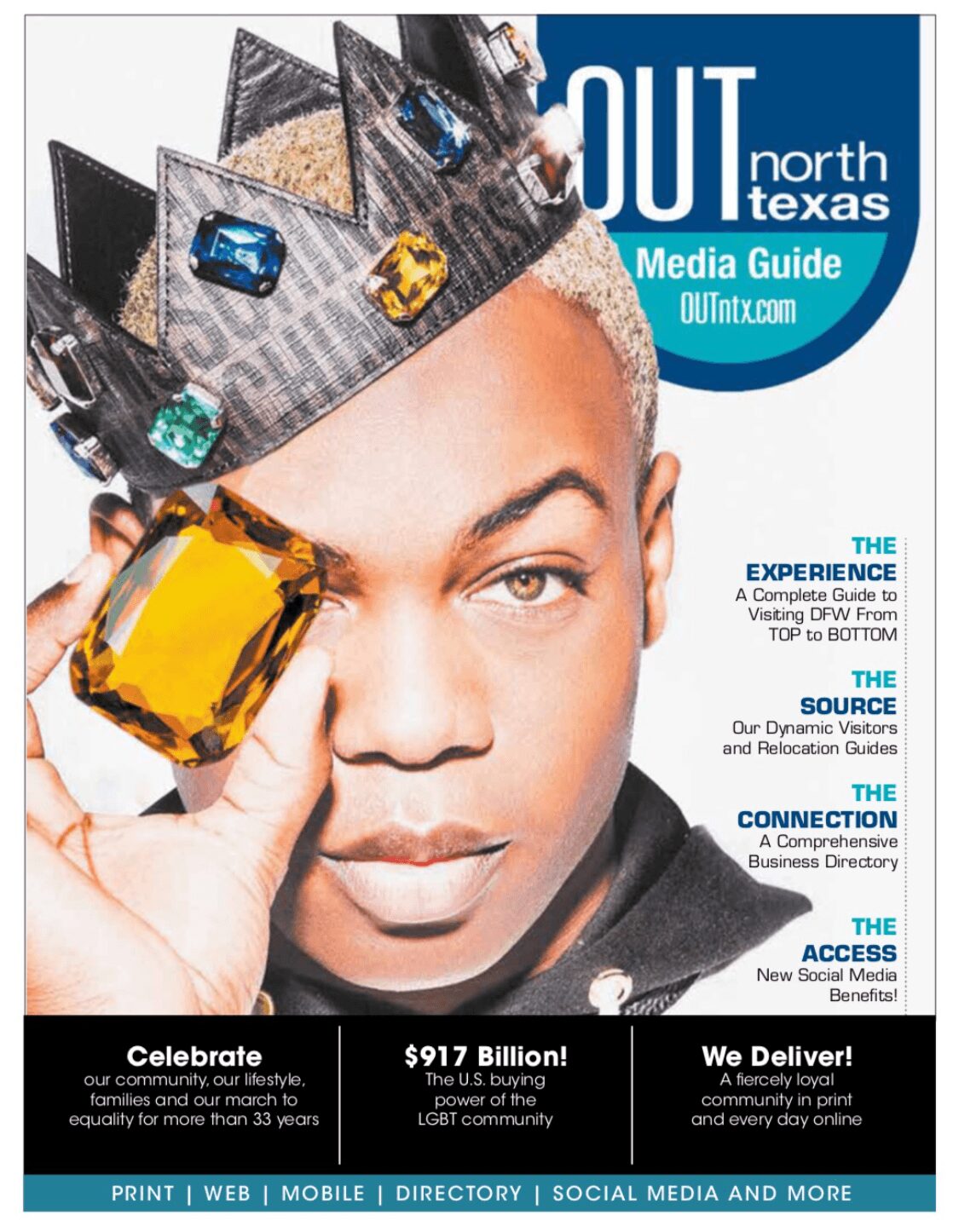 Close-up of a person holding a large yellow gemstone near their eye, with a crown and magazine cover background.