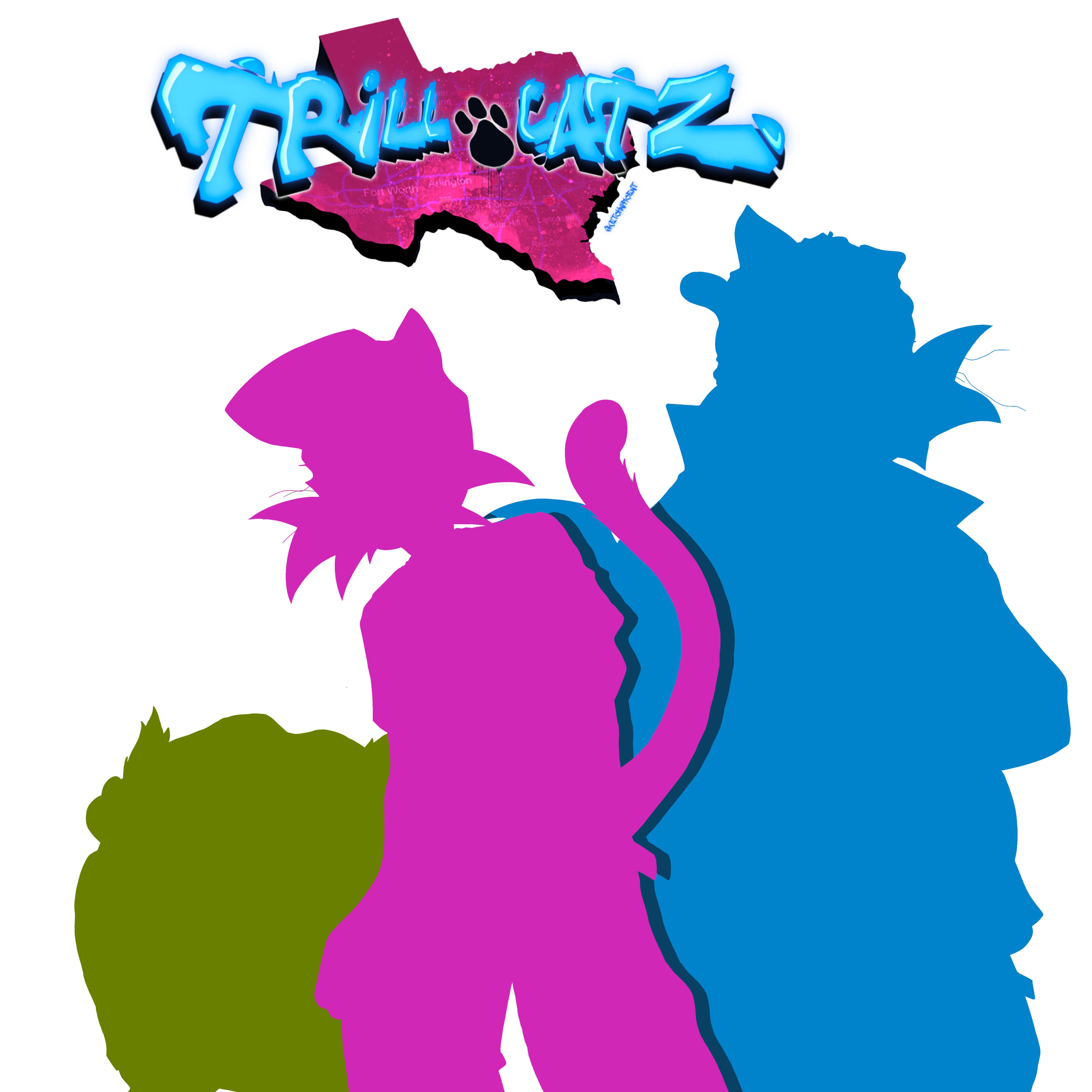 Silhouettes of three cats in purple, blue, and green with a pink map of Texas and graffiti-style text above.